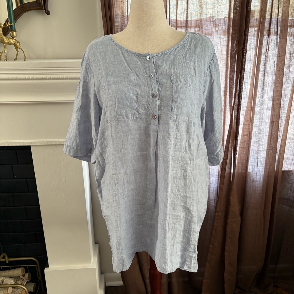 Andrea Jovine Linen Short Sleeve Coastal Nepal Blue Tunic Shirt